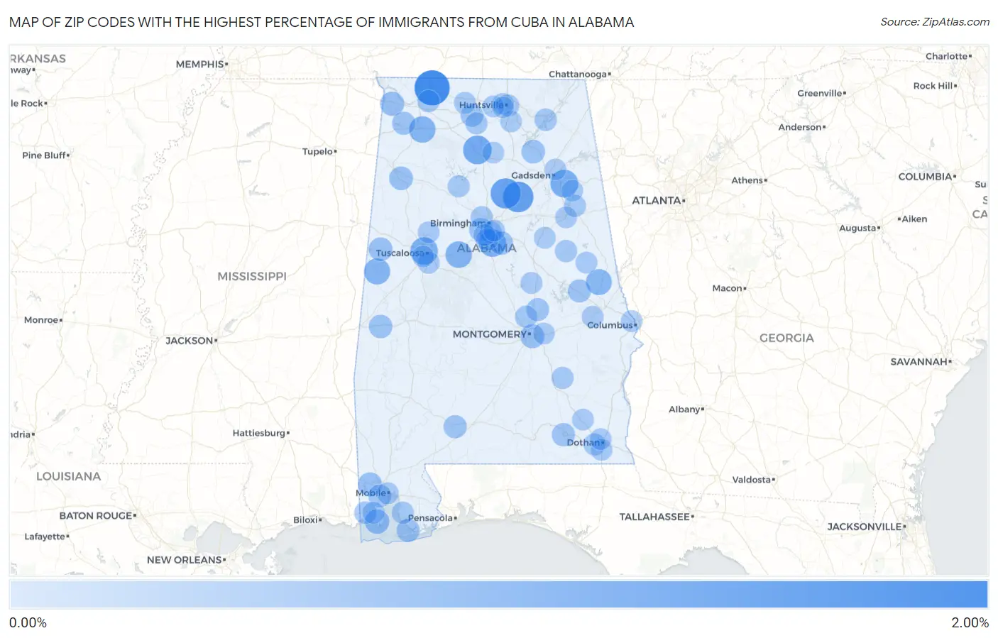 Zip Codes with the Highest Percentage of Immigrants from Cuba in Alabama Map