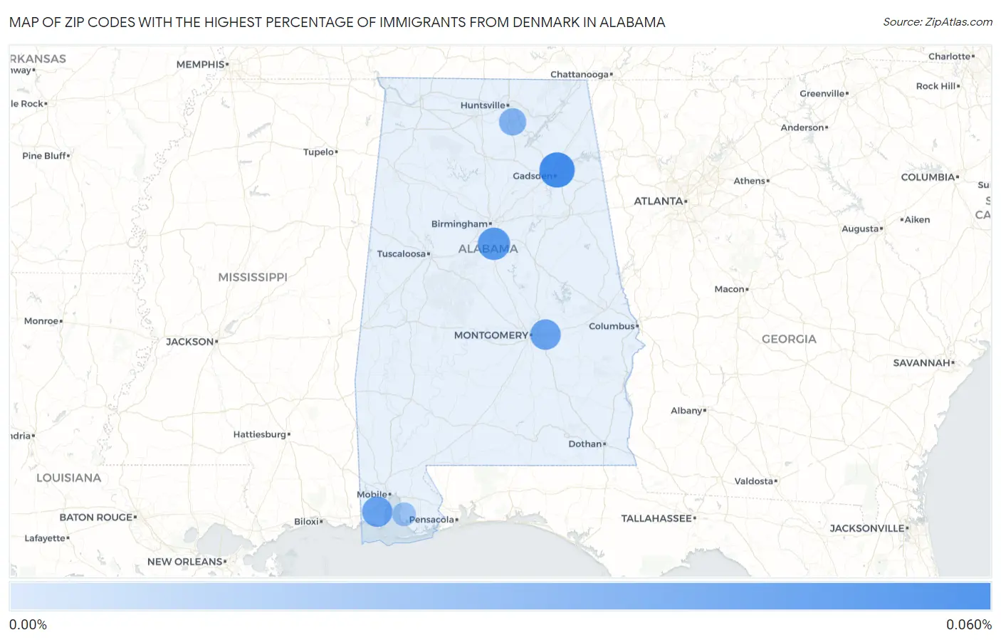 Zip Codes with the Highest Percentage of Immigrants from Denmark in Alabama Map