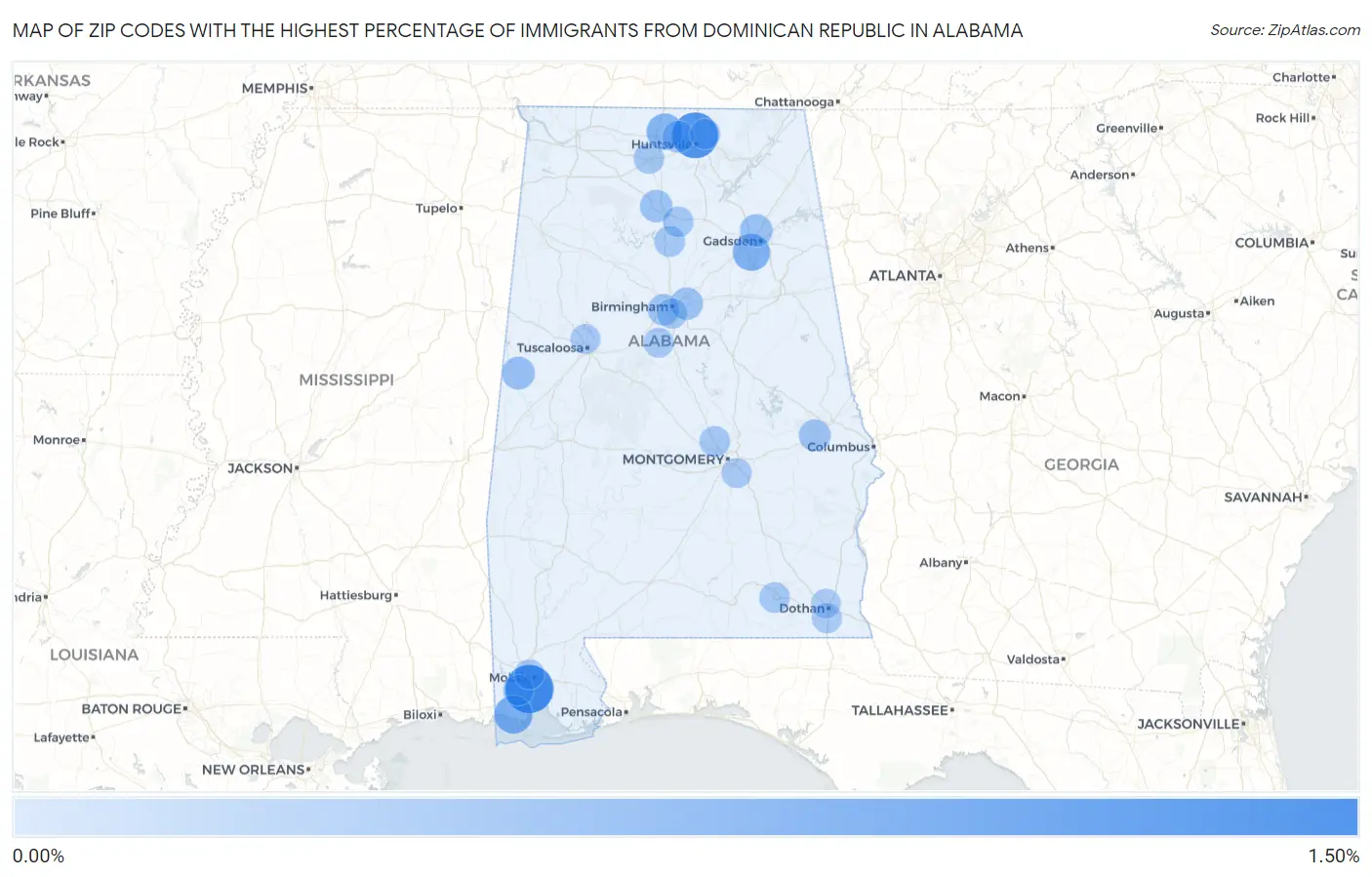 Zip Codes with the Highest Percentage of Immigrants from Dominican Republic in Alabama Map