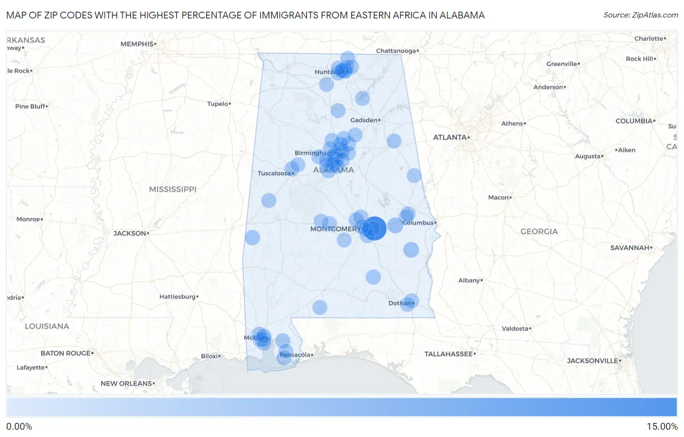 Zip Codes with the Highest Percentage of Immigrants from Eastern Africa in Alabama Map