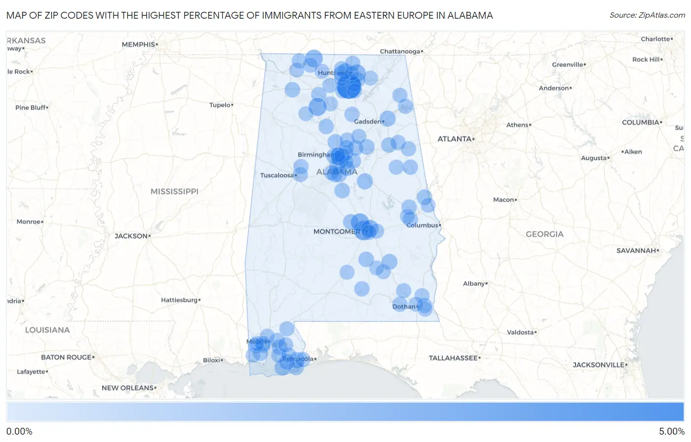 Zip Codes with the Highest Percentage of Immigrants from Eastern Europe in Alabama Map