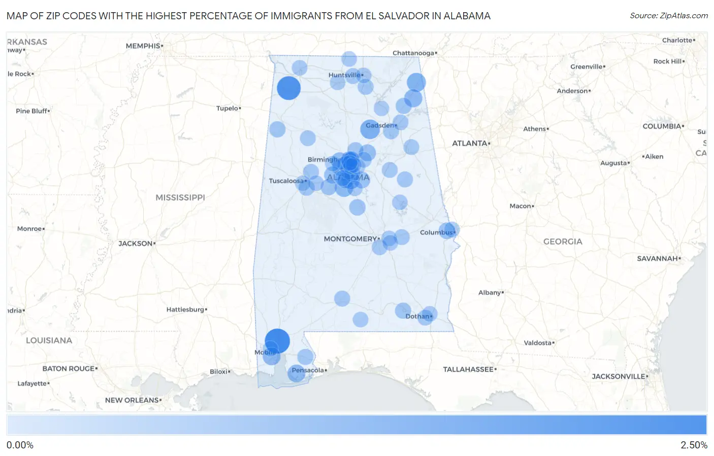 Zip Codes with the Highest Percentage of Immigrants from El Salvador in Alabama Map