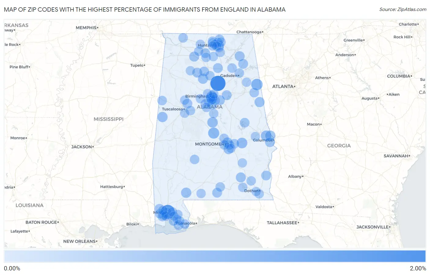 Zip Codes with the Highest Percentage of Immigrants from England in Alabama Map