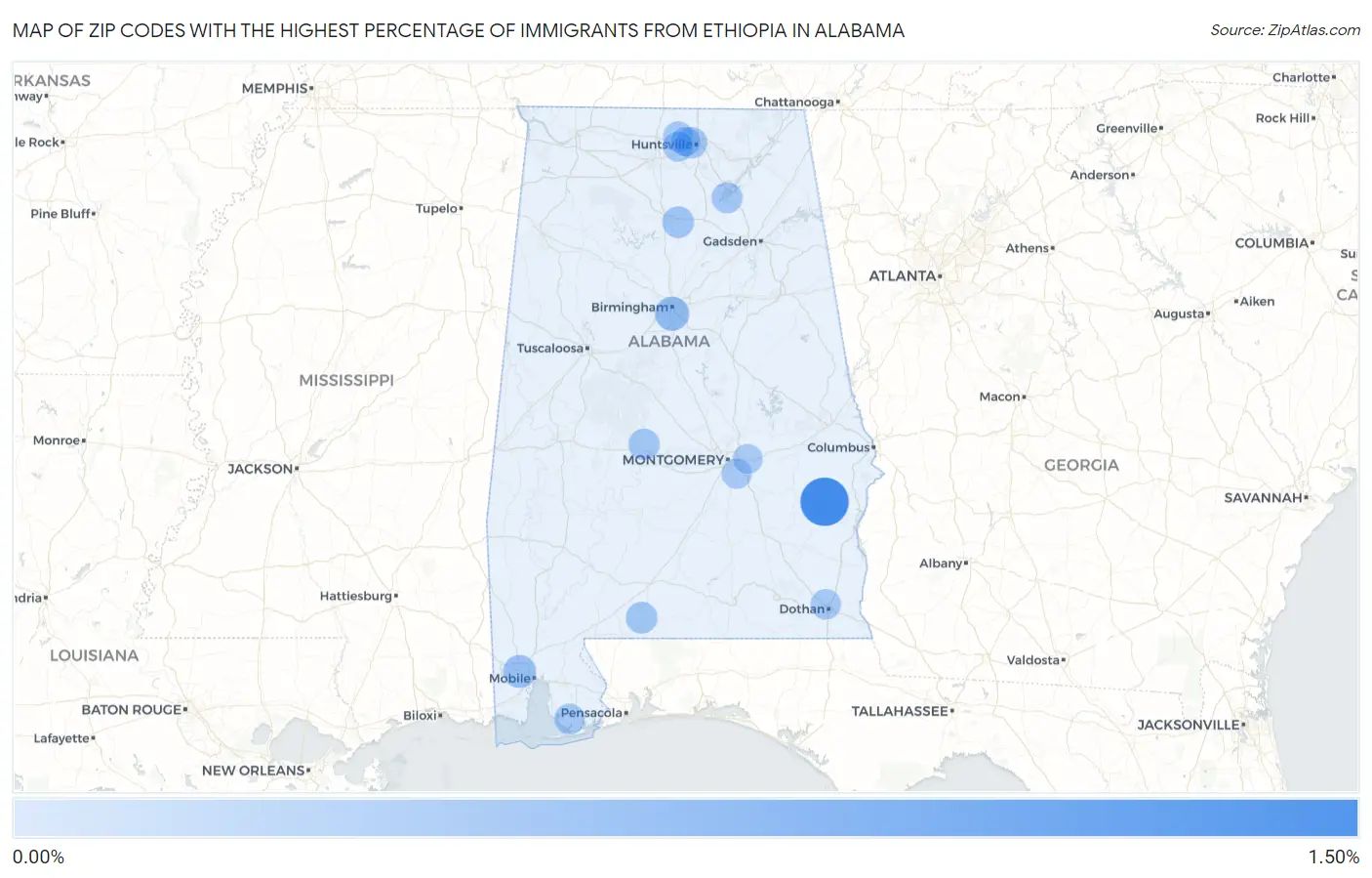 Zip Codes with the Highest Percentage of Immigrants from Ethiopia in Alabama Map
