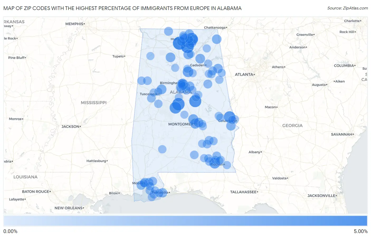 Zip Codes with the Highest Percentage of Immigrants from Europe in Alabama Map