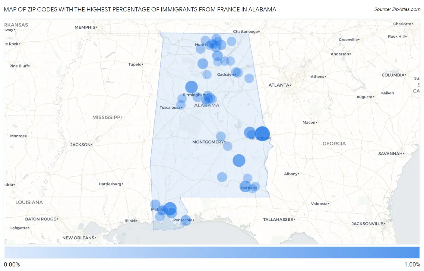 Zip Codes with the Highest Percentage of Immigrants from France in Alabama Map
