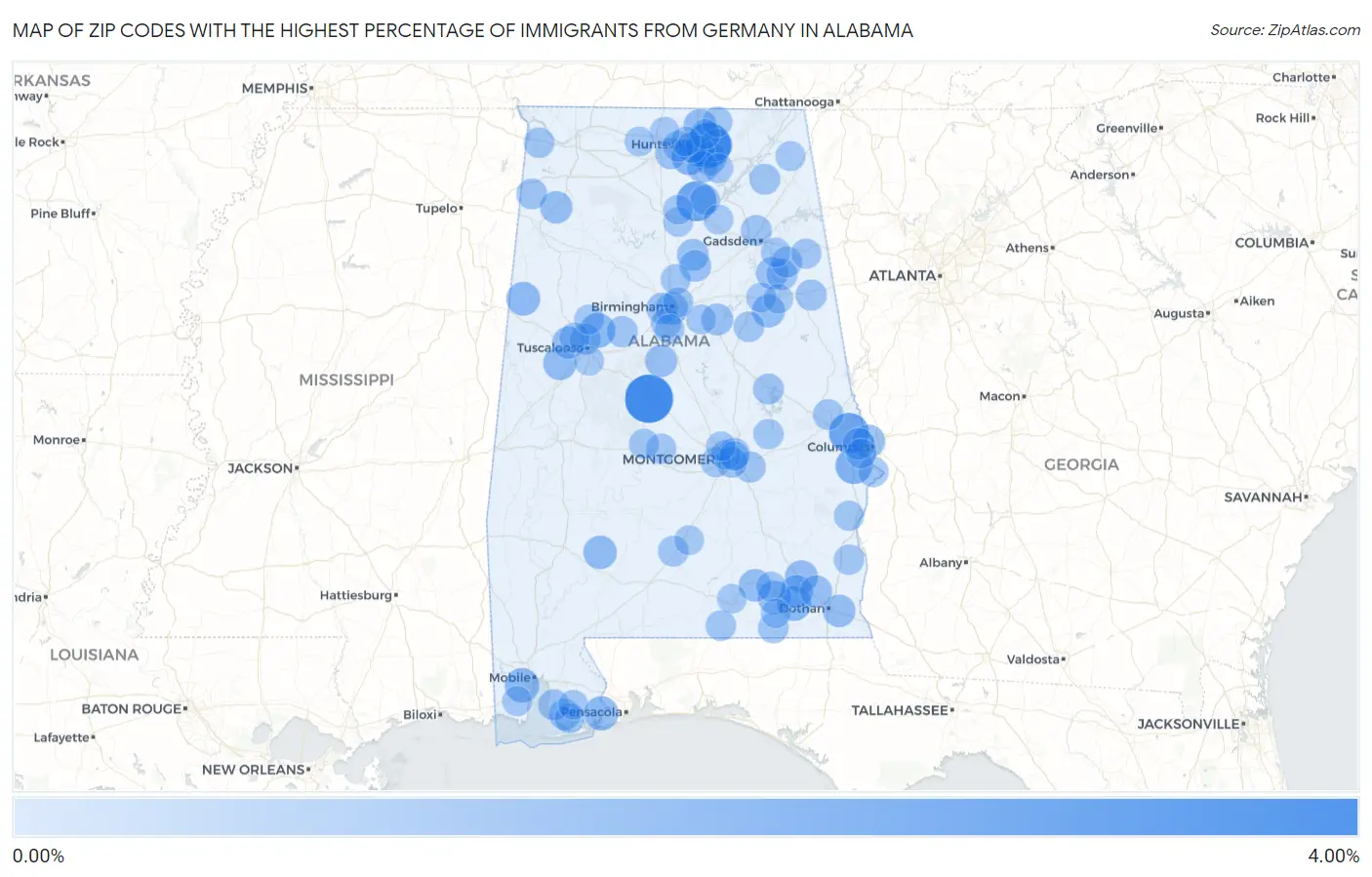 Zip Codes with the Highest Percentage of Immigrants from Germany in Alabama Map
