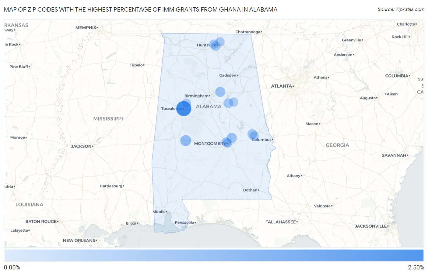Zip Codes with the Highest Percentage of Immigrants from Ghana in Alabama Map