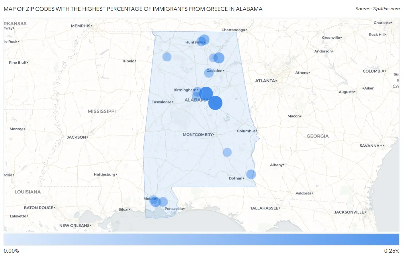 Zip Codes with the Highest Percentage of Immigrants from Greece in Alabama Map