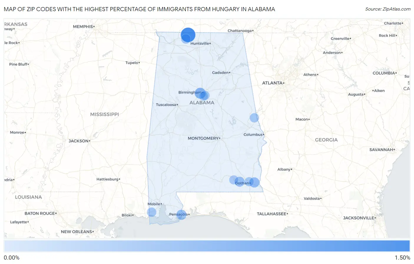 Zip Codes with the Highest Percentage of Immigrants from Hungary in Alabama Map