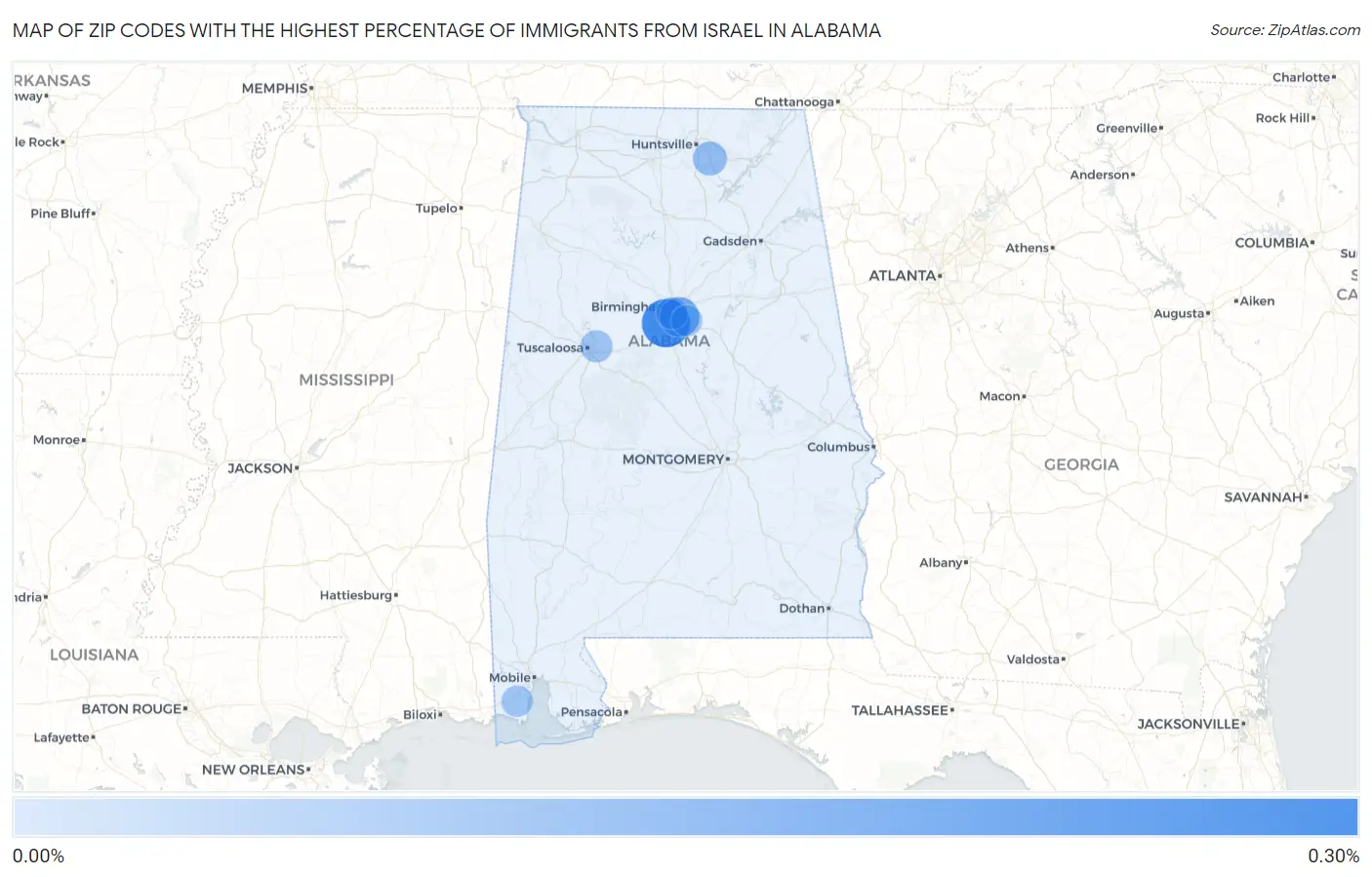 Zip Codes with the Highest Percentage of Immigrants from Israel in Alabama Map
