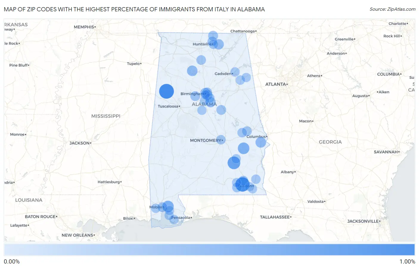 Zip Codes with the Highest Percentage of Immigrants from Italy in Alabama Map