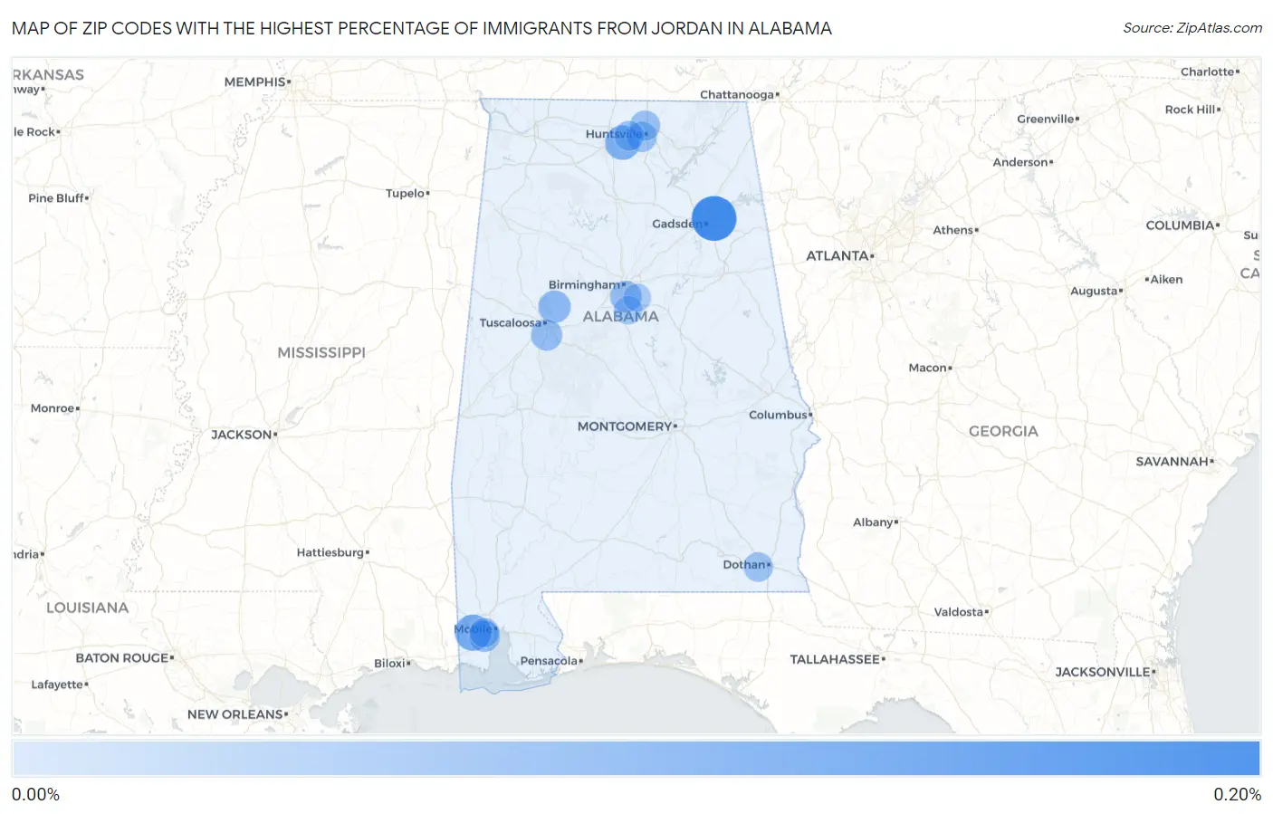 Zip Codes with the Highest Percentage of Immigrants from Jordan in Alabama Map