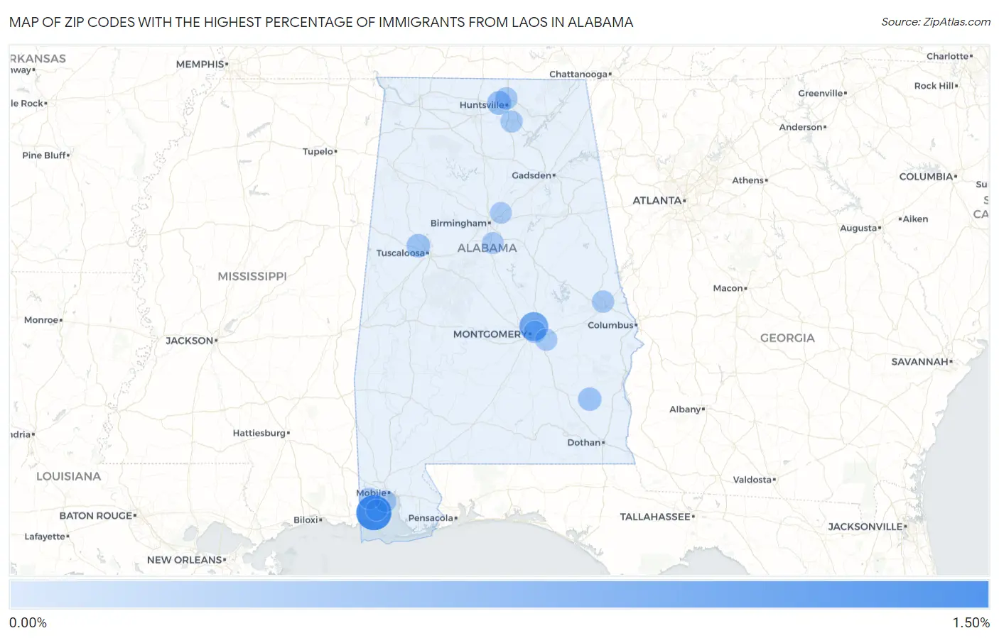 Zip Codes with the Highest Percentage of Immigrants from Laos in Alabama Map