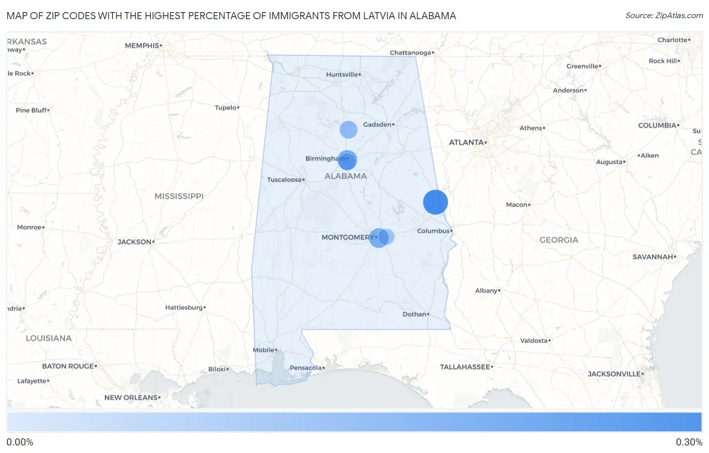 Zip Codes with the Highest Percentage of Immigrants from Latvia in Alabama Map