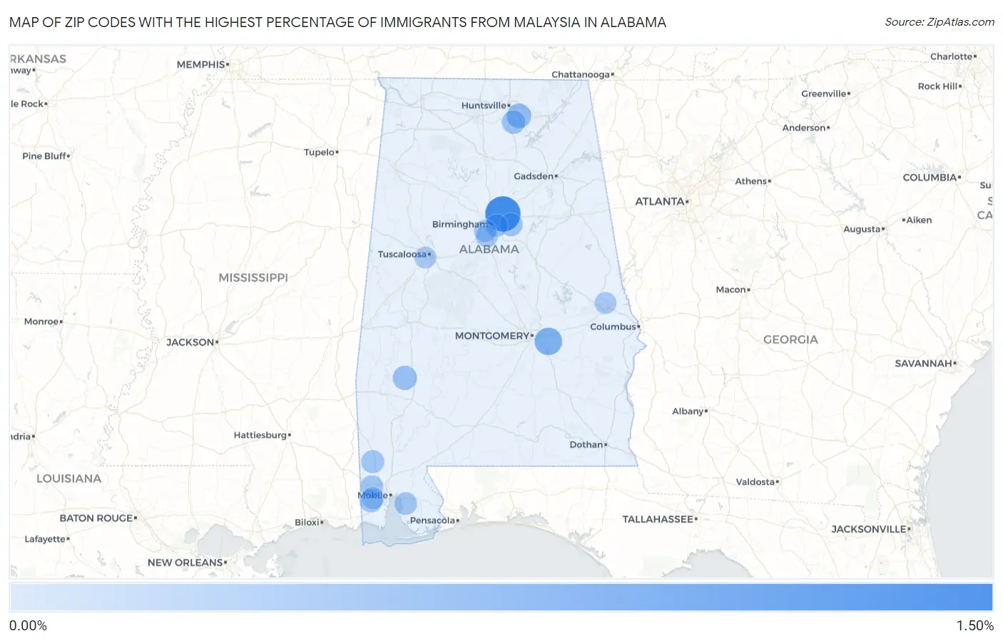 Zip Codes with the Highest Percentage of Immigrants from Malaysia in Alabama Map