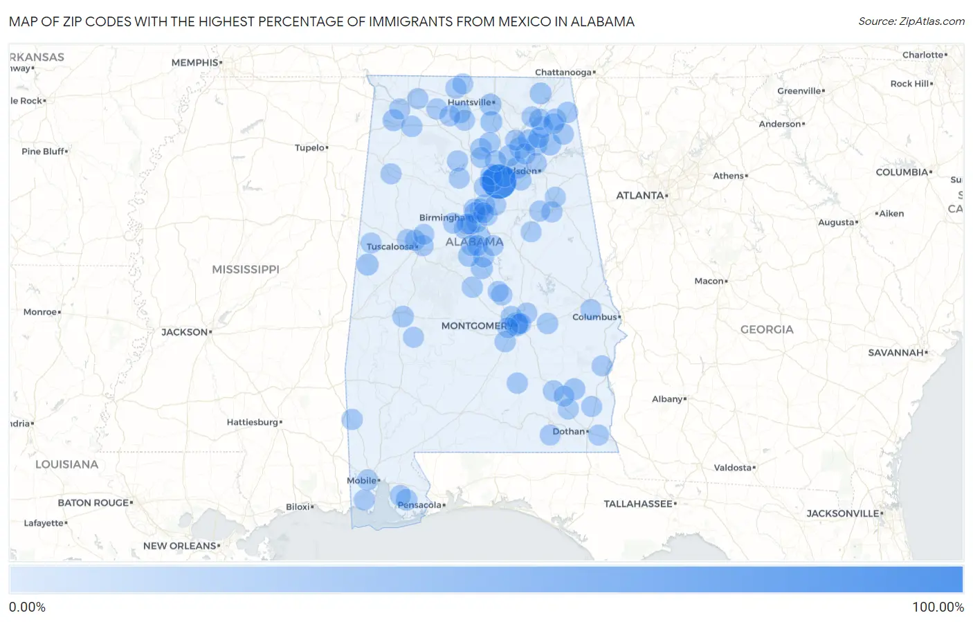 Zip Codes with the Highest Percentage of Immigrants from Mexico in Alabama Map