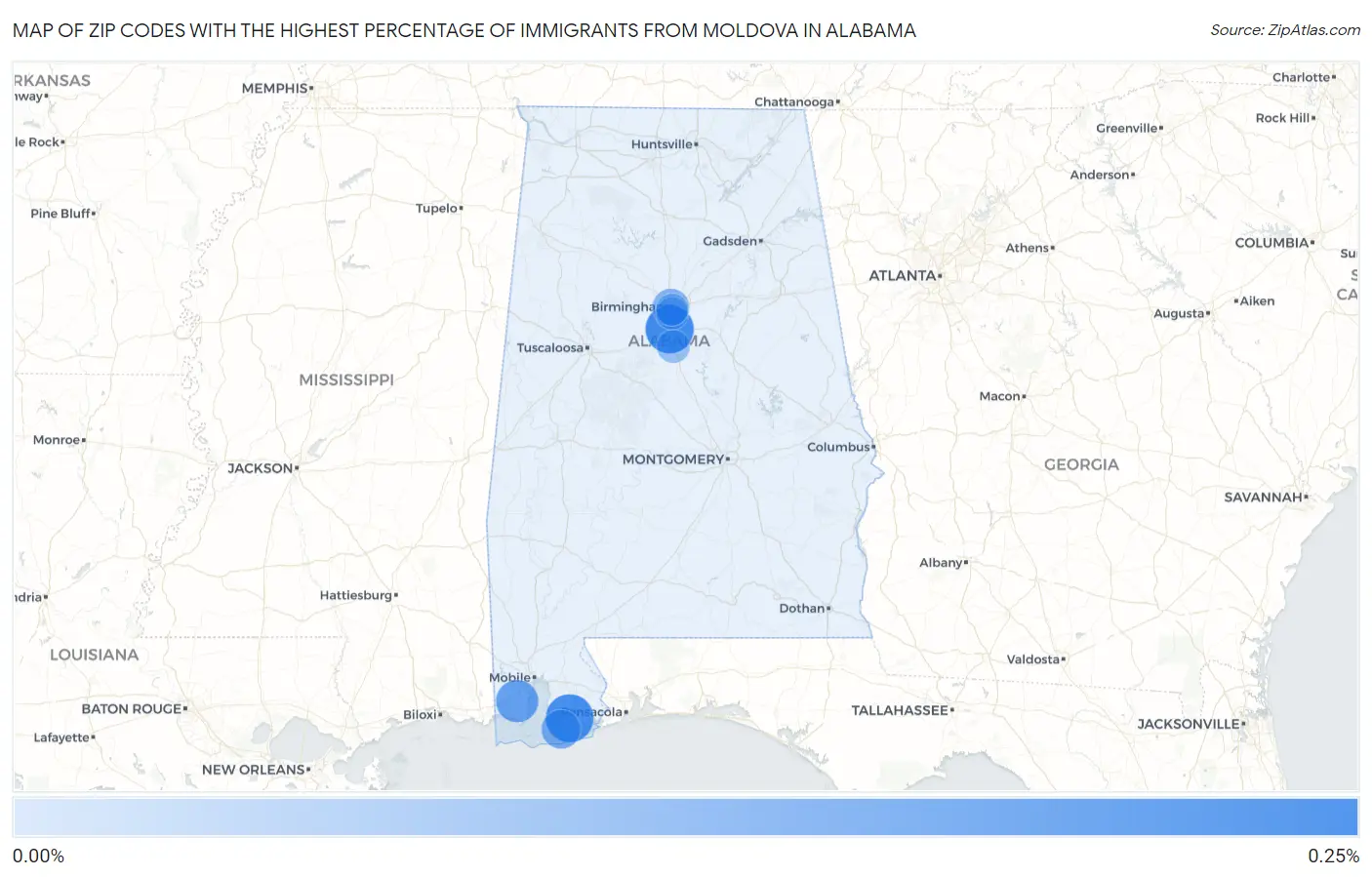 Zip Codes with the Highest Percentage of Immigrants from Moldova in Alabama Map