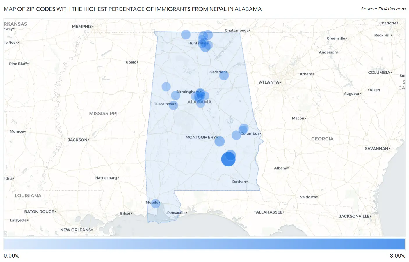 Zip Codes with the Highest Percentage of Immigrants from Nepal in Alabama Map