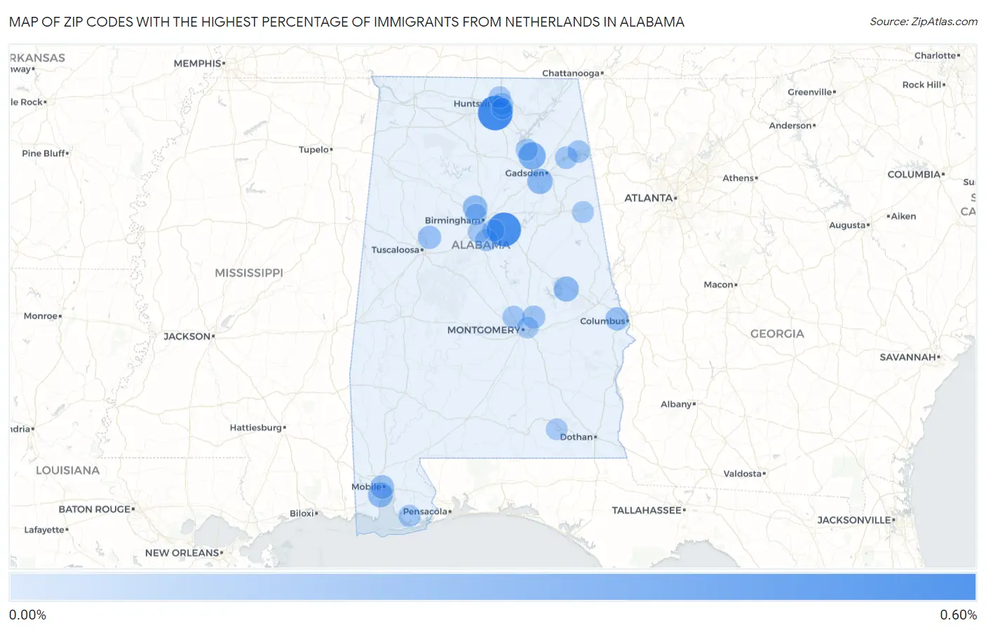 Zip Codes with the Highest Percentage of Immigrants from Netherlands in Alabama Map