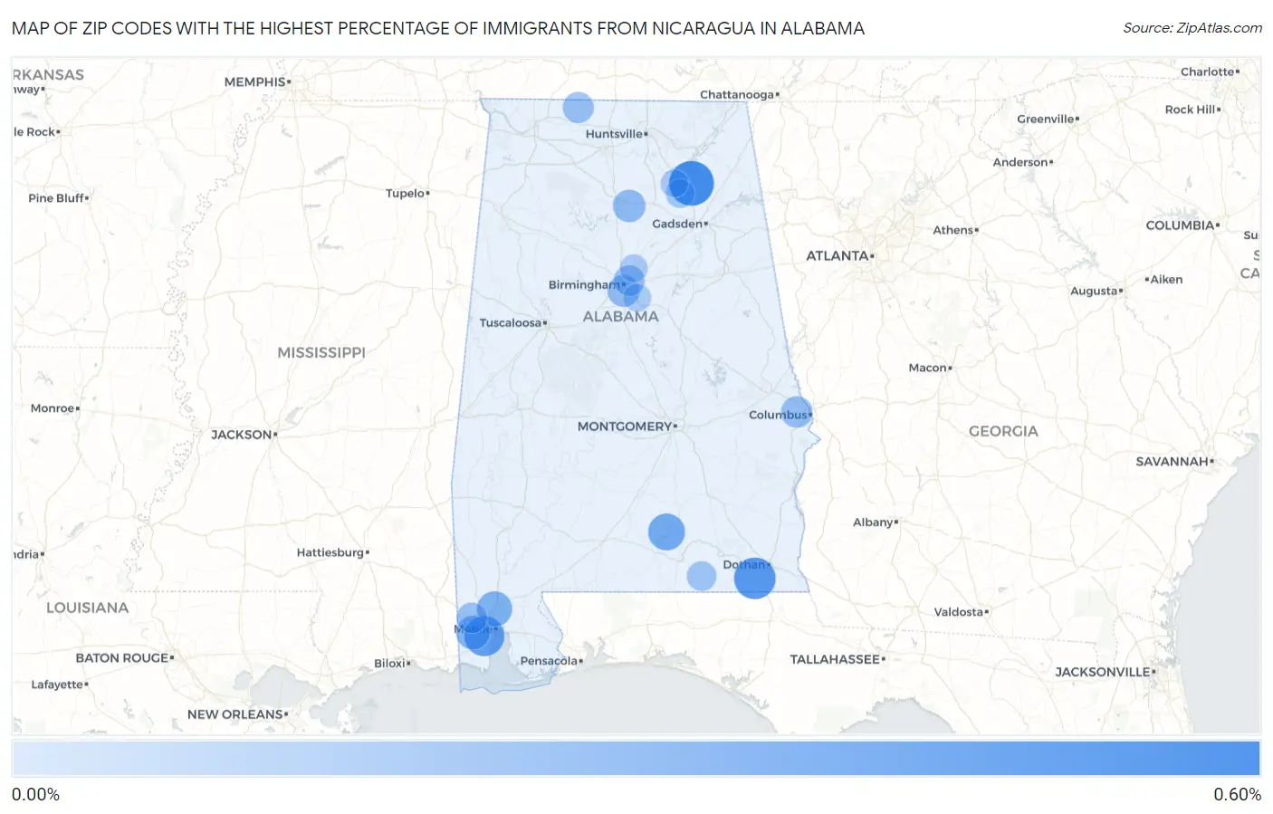 Zip Codes with the Highest Percentage of Immigrants from Nicaragua in Alabama Map