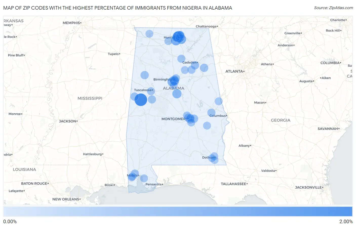 Zip Codes with the Highest Percentage of Immigrants from Nigeria in Alabama Map