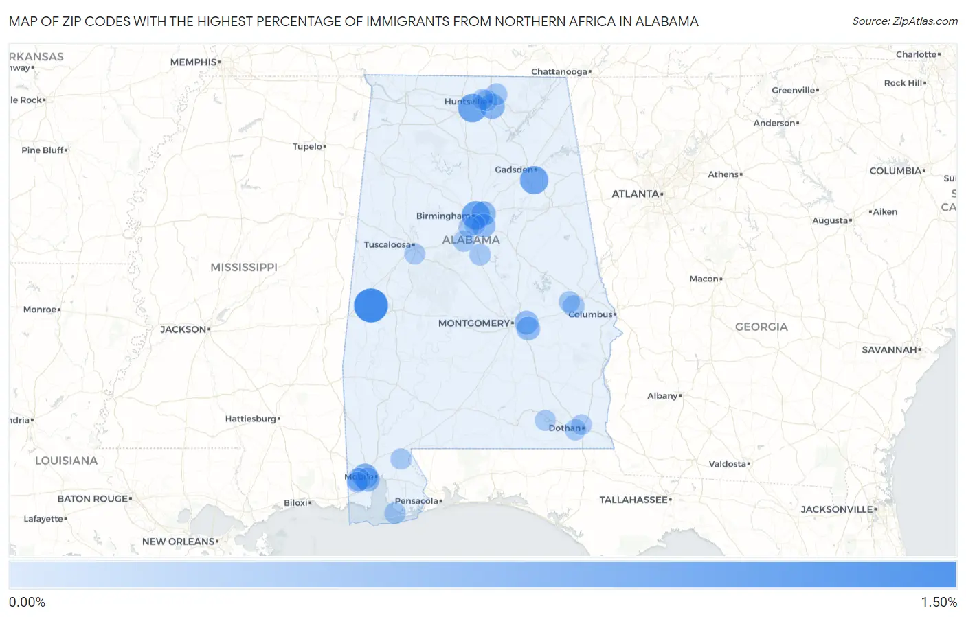 Zip Codes with the Highest Percentage of Immigrants from Northern Africa in Alabama Map