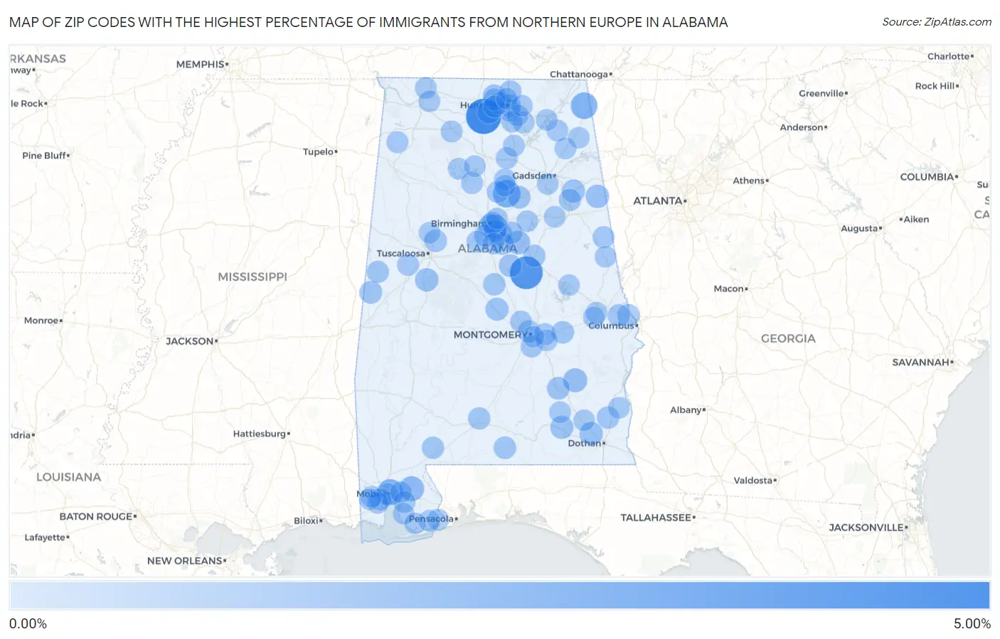 Zip Codes with the Highest Percentage of Immigrants from Northern Europe in Alabama Map