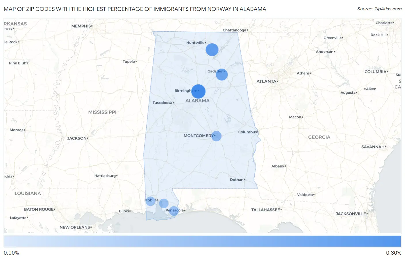 Zip Codes with the Highest Percentage of Immigrants from Norway in Alabama Map