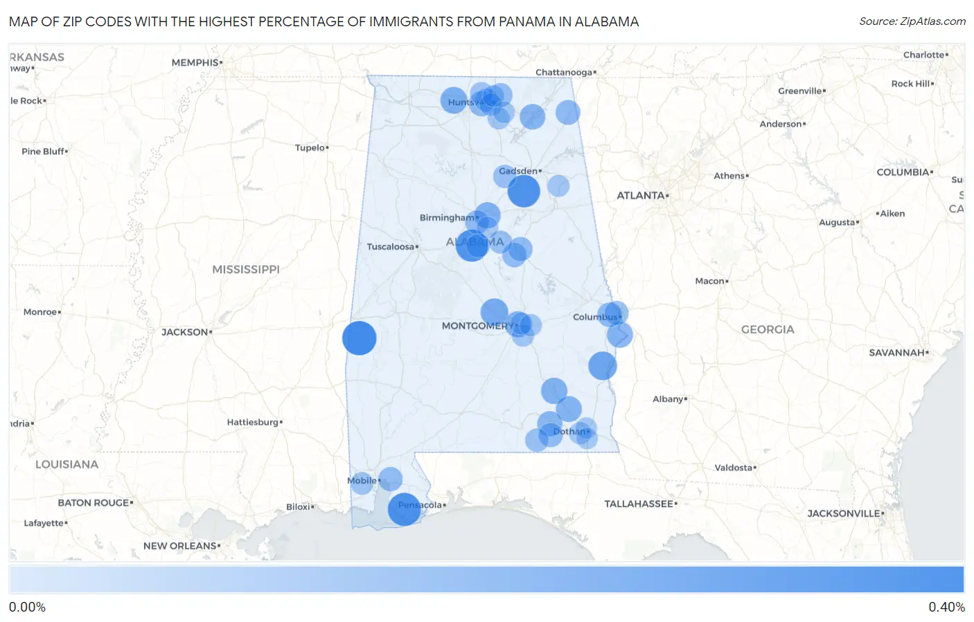Zip Codes with the Highest Percentage of Immigrants from Panama in Alabama Map