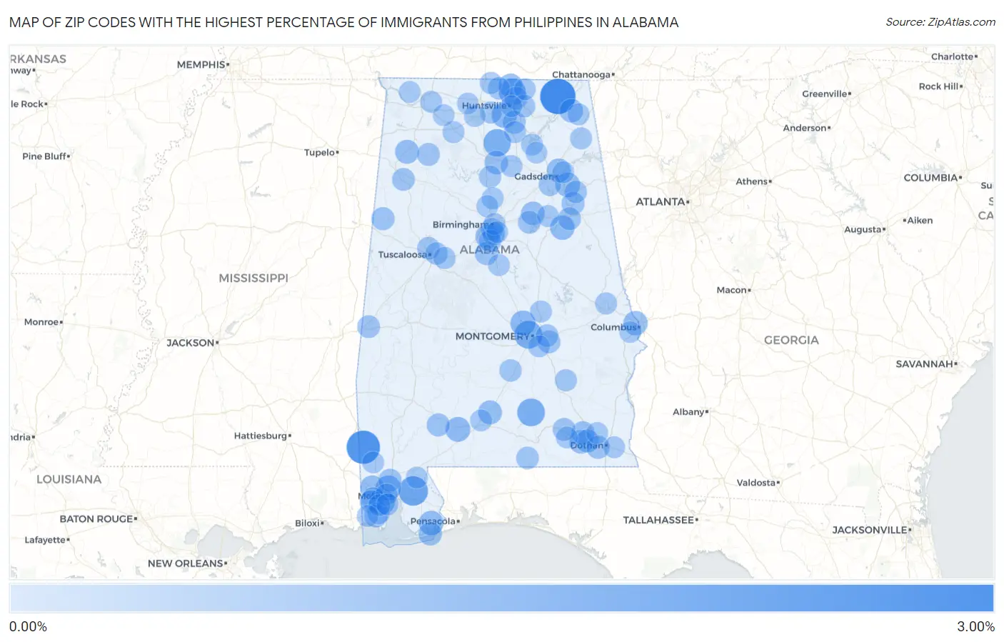 Zip Codes with the Highest Percentage of Immigrants from Philippines in Alabama Map