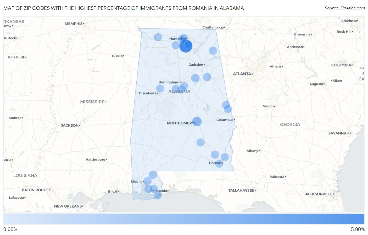 Zip Codes with the Highest Percentage of Immigrants from Romania in Alabama Map