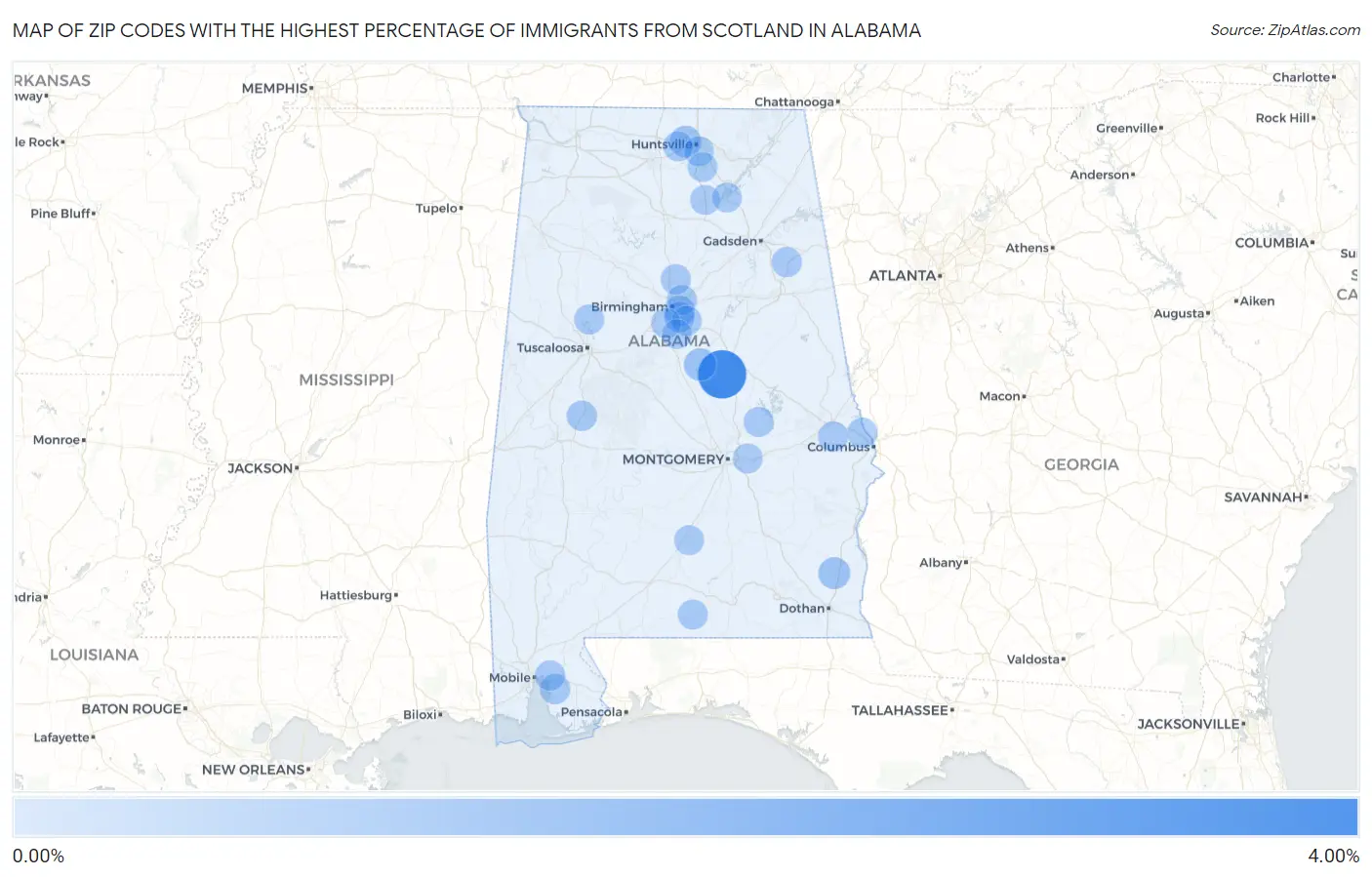 Zip Codes with the Highest Percentage of Immigrants from Scotland in Alabama Map