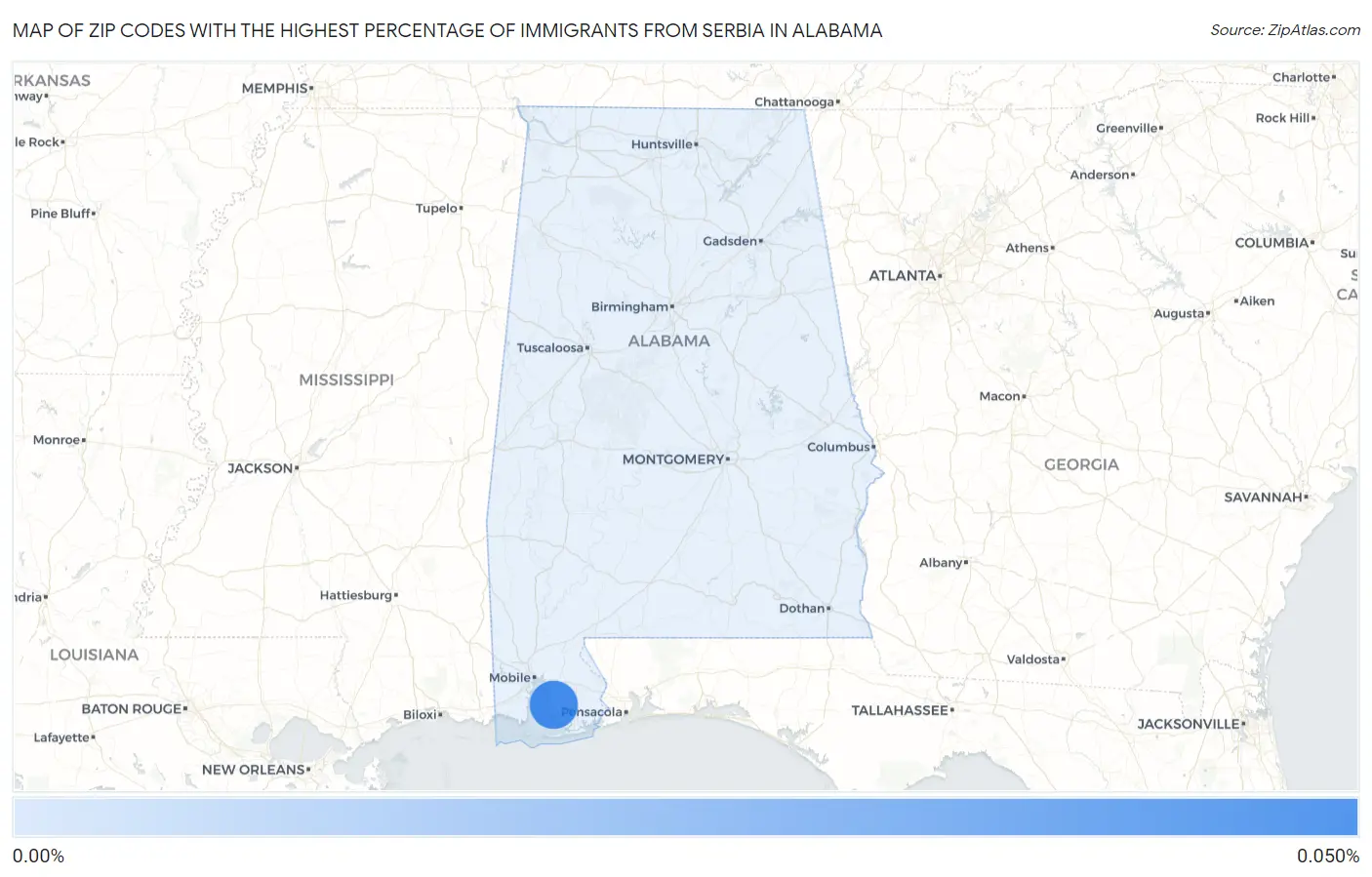 Zip Codes with the Highest Percentage of Immigrants from Serbia in Alabama Map