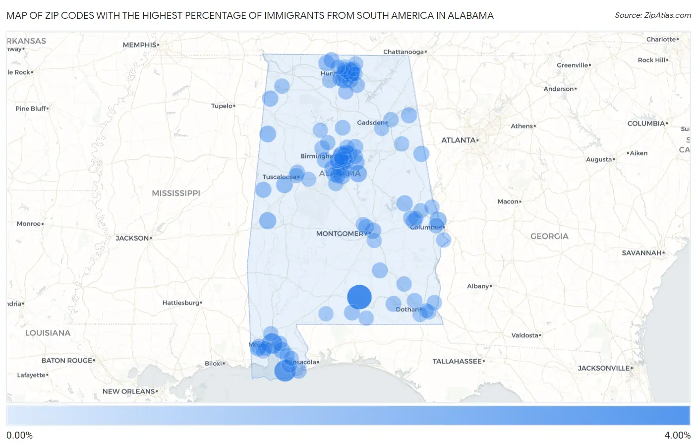 Zip Codes with the Highest Percentage of Immigrants from South America in Alabama Map