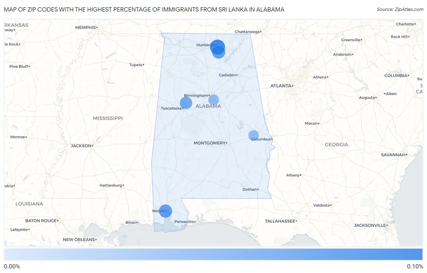 Zip Codes with the Highest Percentage of Immigrants from Sri Lanka in Alabama Map
