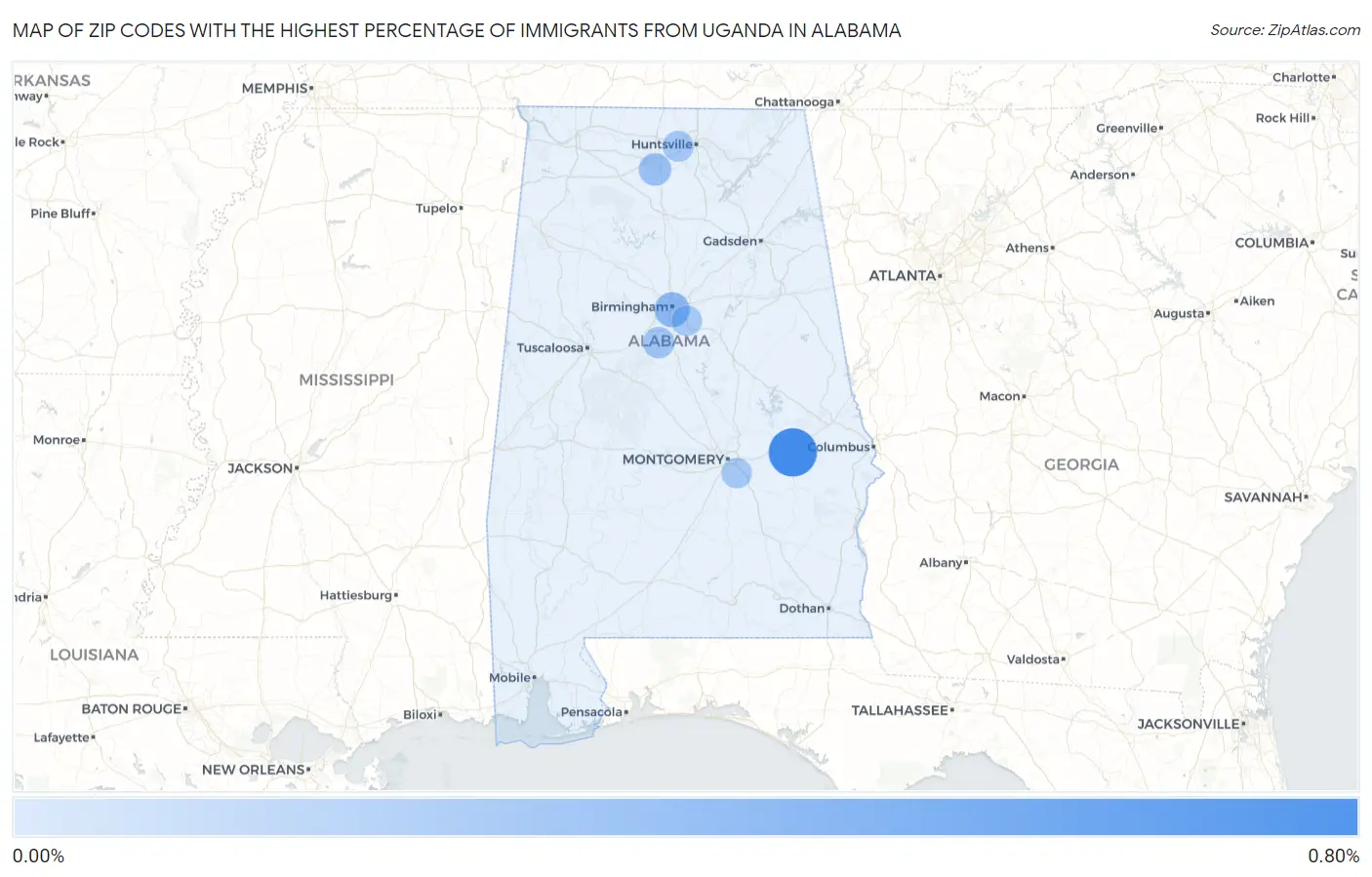 Zip Codes with the Highest Percentage of Immigrants from Uganda in Alabama Map