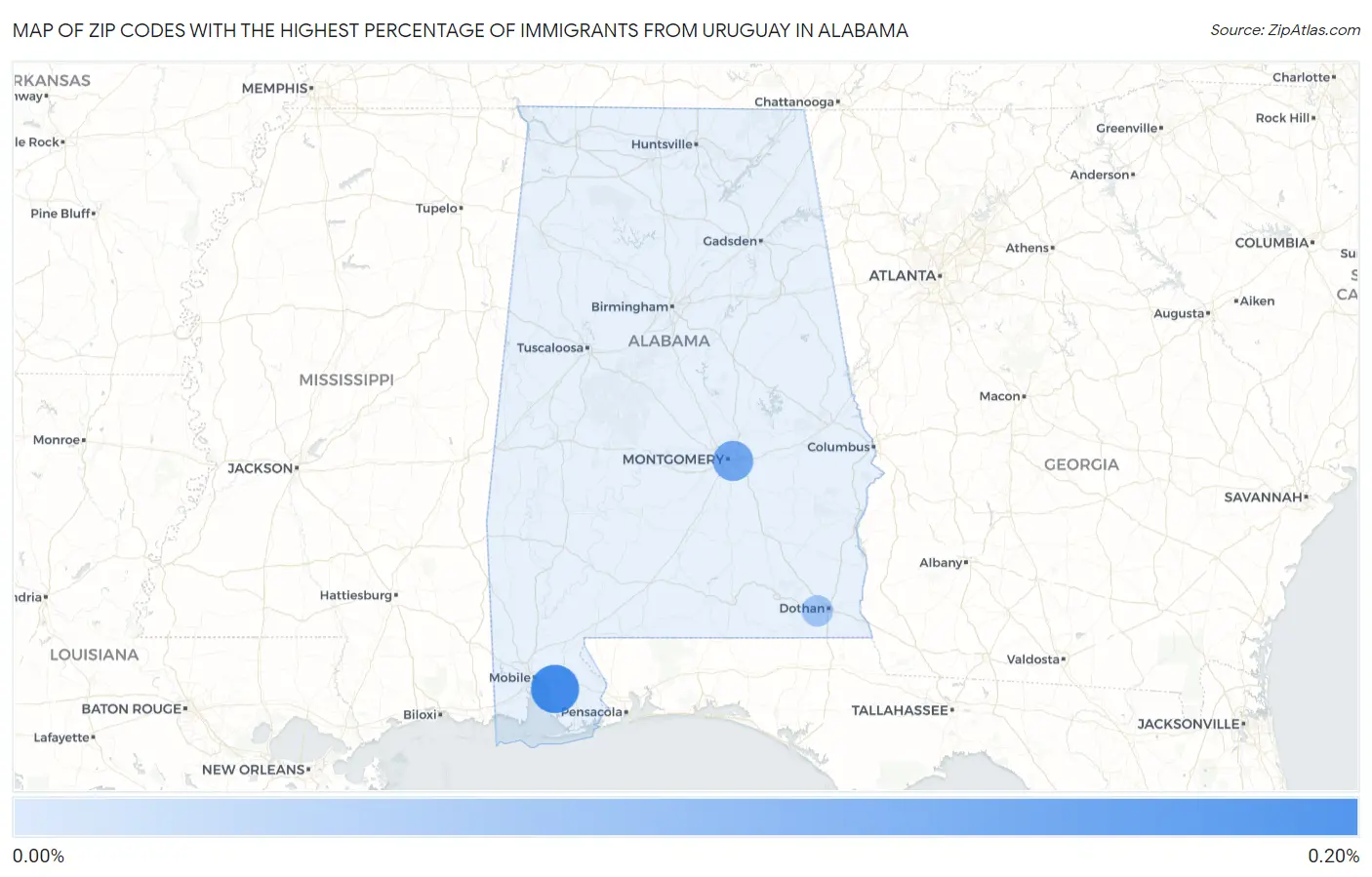 Zip Codes with the Highest Percentage of Immigrants from Uruguay in Alabama Map