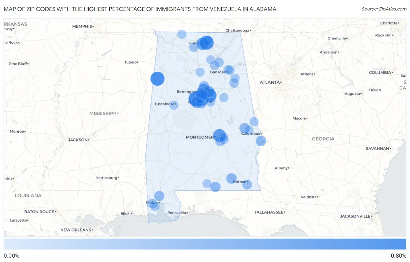 Zip Codes with the Highest Percentage of Immigrants from Venezuela in Alabama Map