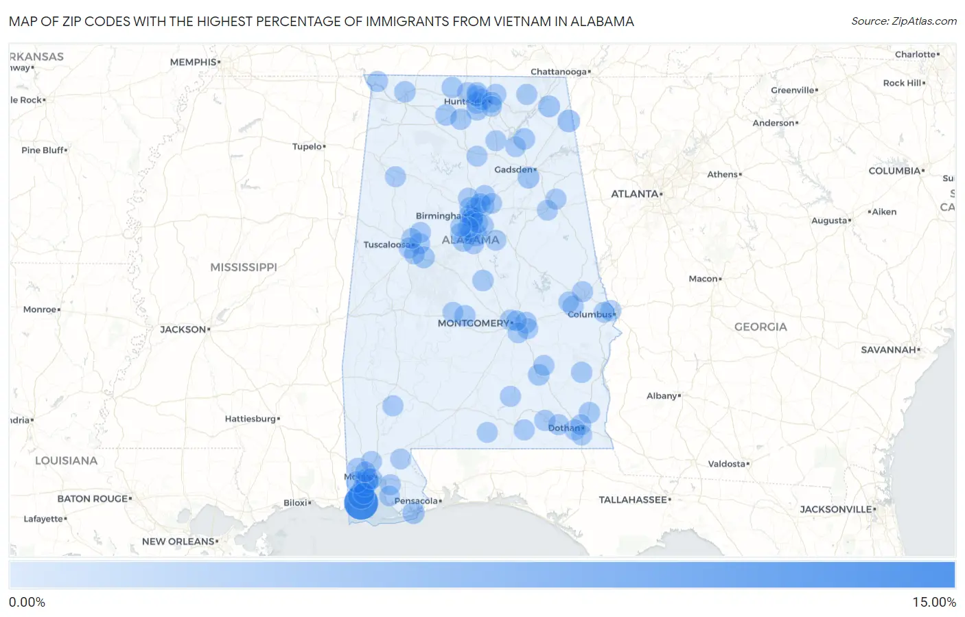 Zip Codes with the Highest Percentage of Immigrants from Vietnam in Alabama Map