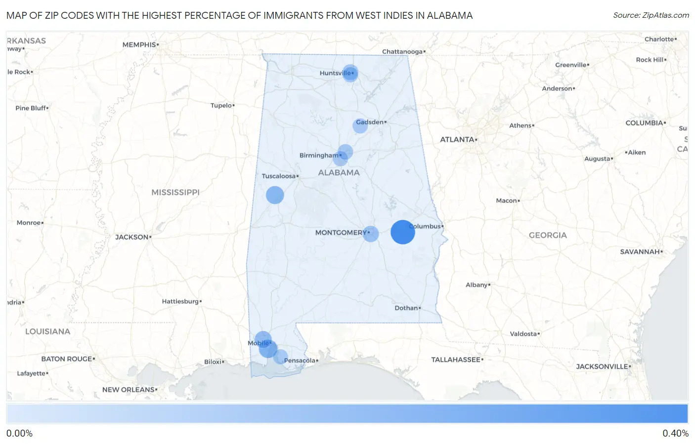 Zip Codes with the Highest Percentage of Immigrants from West Indies in Alabama Map