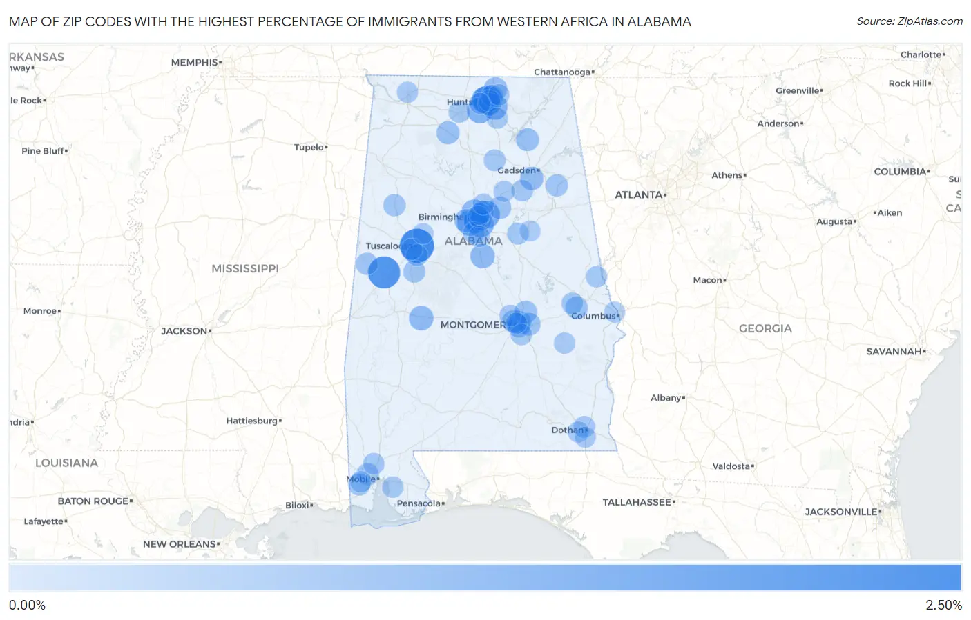 Zip Codes with the Highest Percentage of Immigrants from Western Africa in Alabama Map