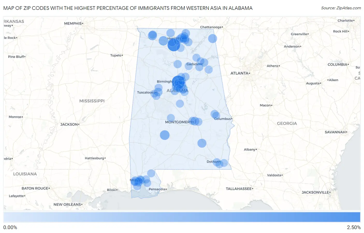 Zip Codes with the Highest Percentage of Immigrants from Western Asia in Alabama Map