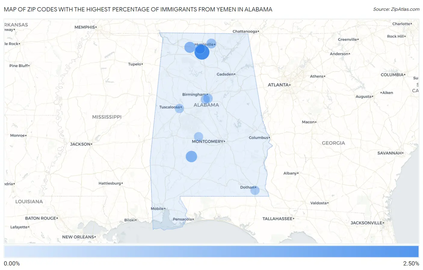 Zip Codes with the Highest Percentage of Immigrants from Yemen in Alabama Map