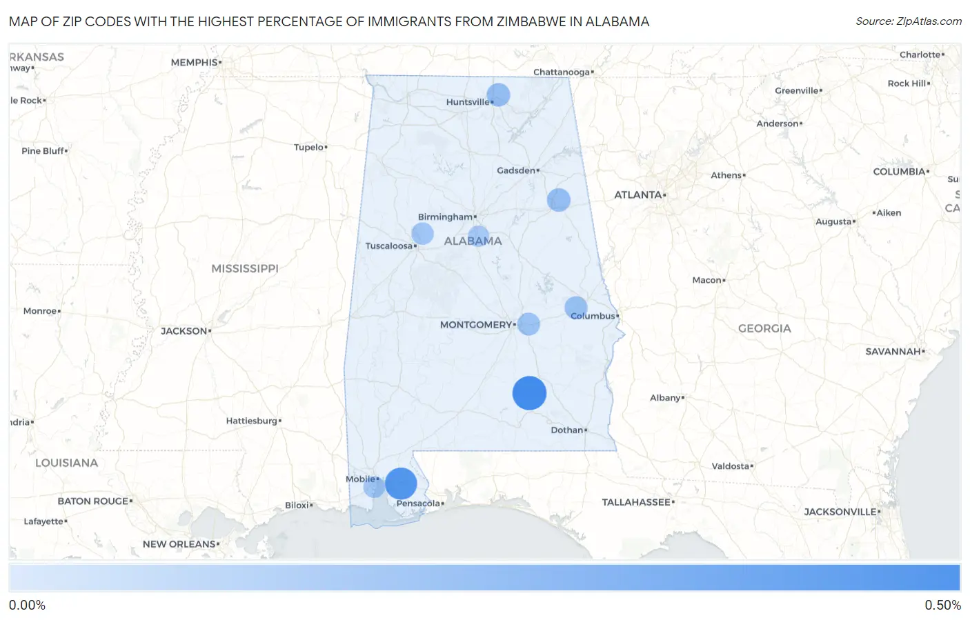 Zip Codes with the Highest Percentage of Immigrants from Zimbabwe in Alabama Map