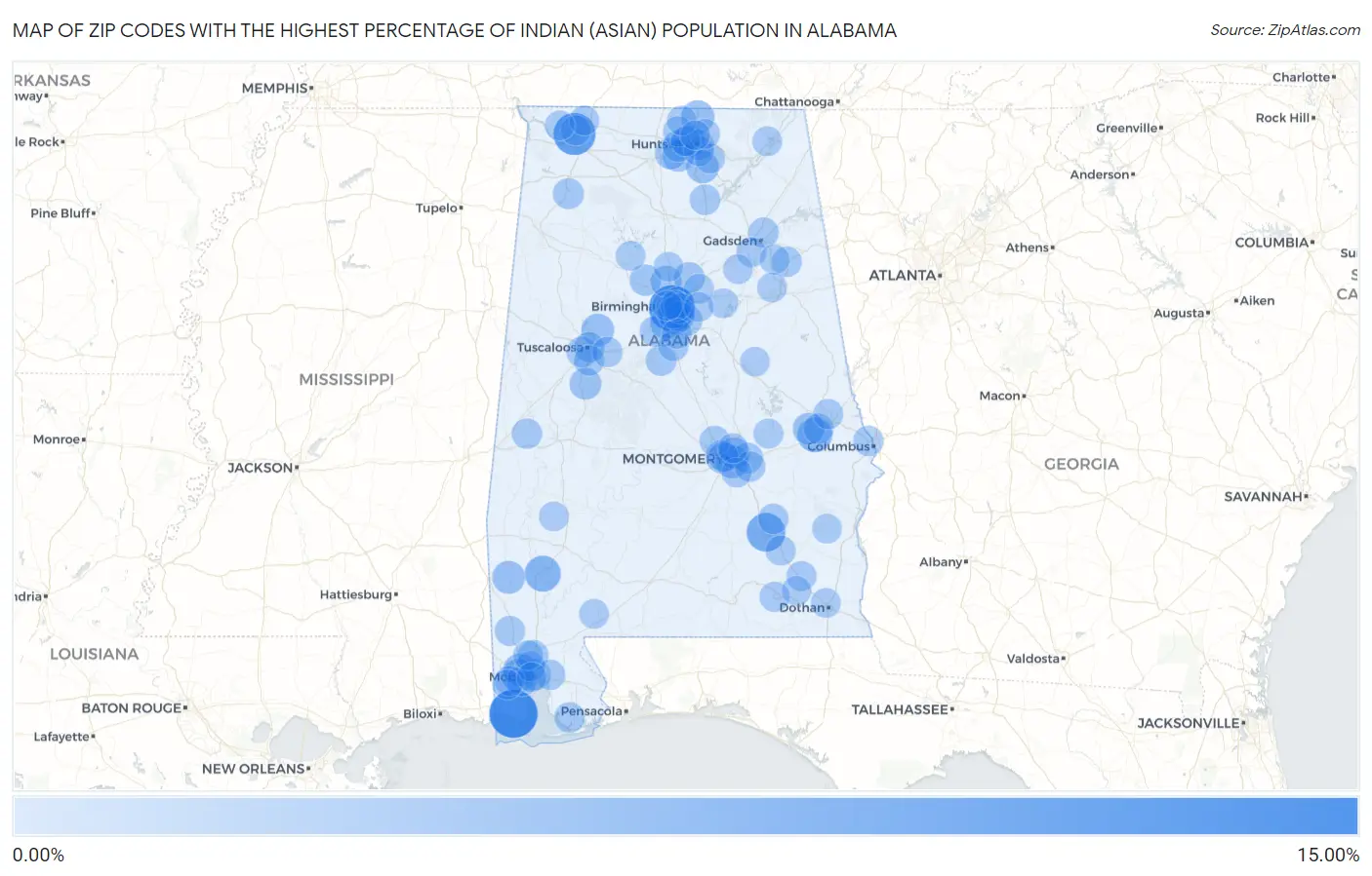 Zip Codes with the Highest Percentage of Indian (Asian) Population in Alabama Map