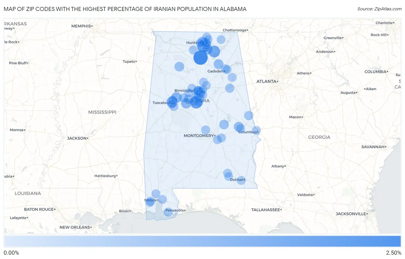 Zip Codes with the Highest Percentage of Iranian Population in Alabama Map