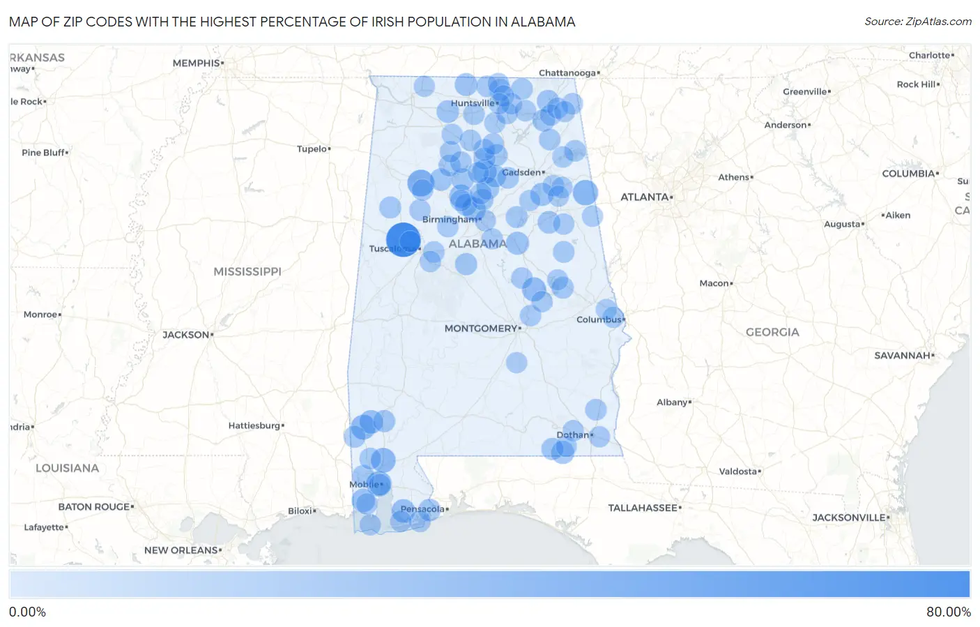 Zip Codes with the Highest Percentage of Irish Population in Alabama Map