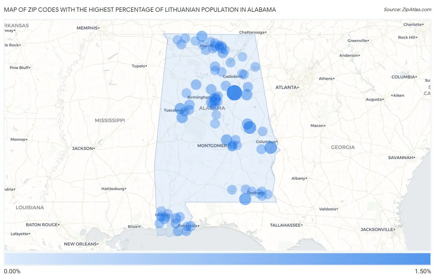 Zip Codes with the Highest Percentage of Lithuanian Population in Alabama Map