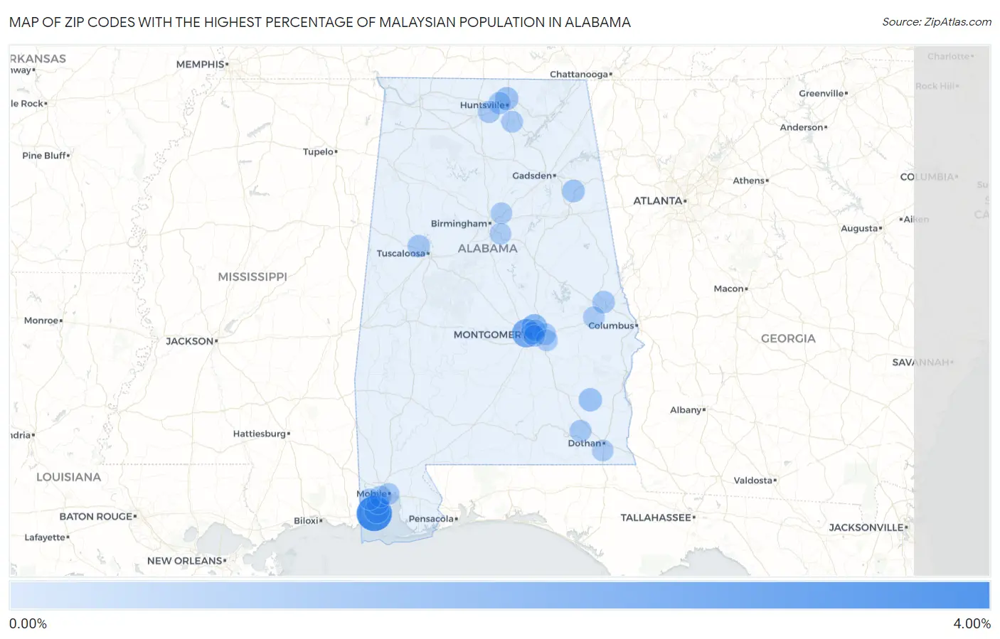 Zip Codes with the Highest Percentage of Malaysian Population in Alabama Map